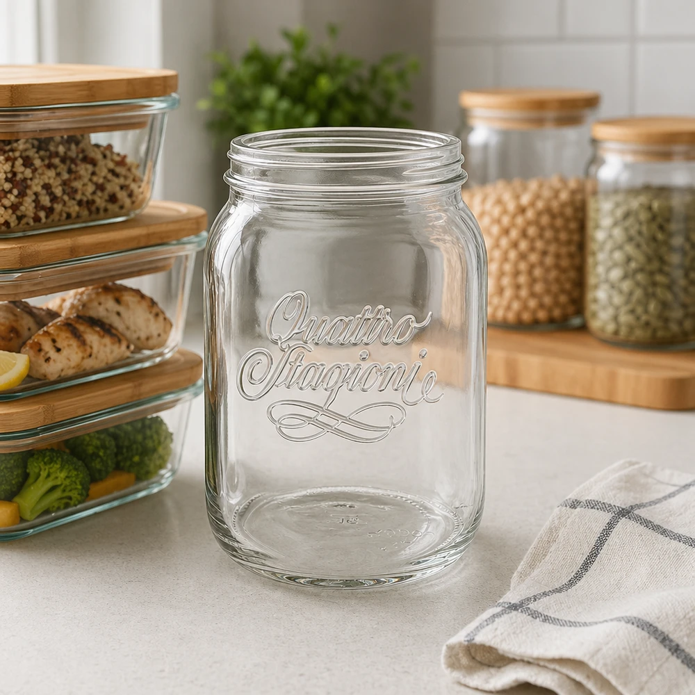 Vaso domestico "Quattro Stagioni" da 2000 ml 2000ml Quattro Stagioni Haushaltsglas mit Schriftzug in moderner Küche zwischen Vorratsgläsern und Küchenorganisation