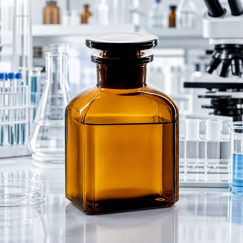 Flacone quadrato in vetro ambrato da 150 ml a collo largo con tappo di vetro su un tavolo da laboratorio bianco accanto a un microscopio