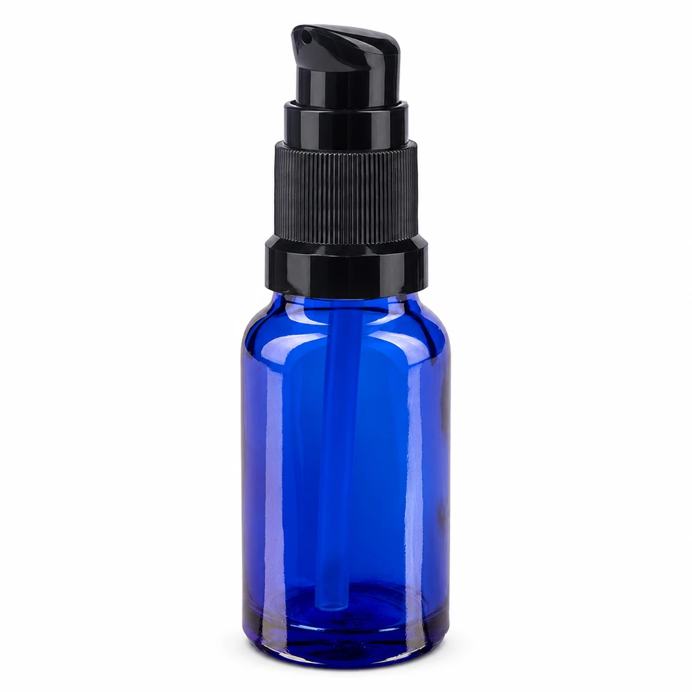 Flacone in vetro blu da 10 ml con dosatore nero, realizzato in vetro da farmacia di alta qualità