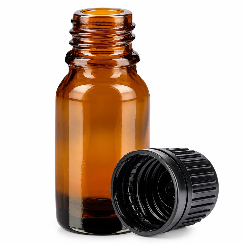 Bottiglia da 10ml 11mm SV nero OV BrownLine UT18/10 Flacone piccolo da 10 ml in vetro ambrato con tappo nero scanalato per la protezione dai raggi UV e la conservazione sicura.