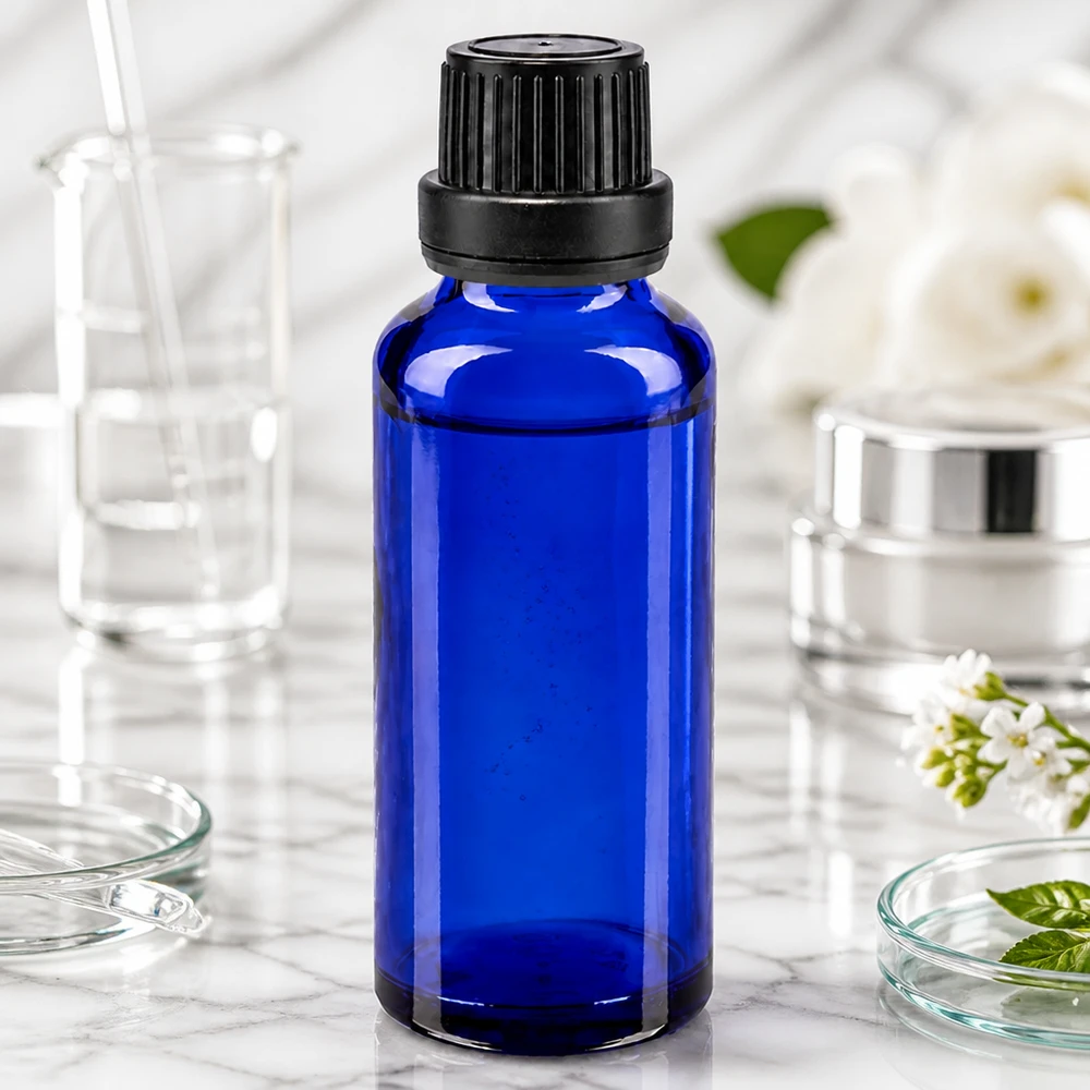 Flacone contagocce da 30 ml in vetro da farmacia di colore blu scuro con tappo a vite a prova di bambino da 11 mm