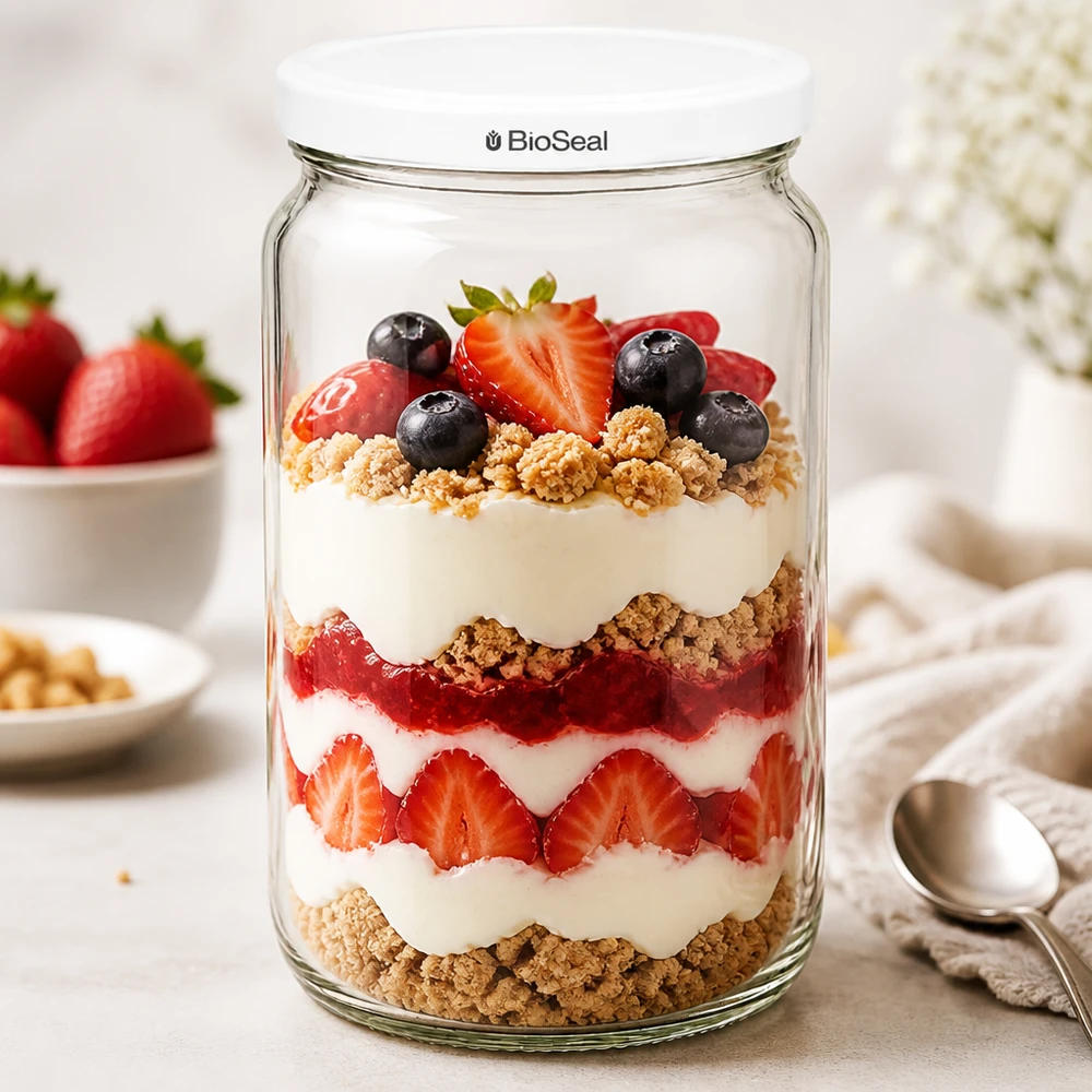 UNiTWIST Rounda795 con coperchio bianco TO82 BioSeal Bicchiere da dessert UNiTWIST Runda795 con parfait di yogurt e frutti di bosco a strati - versatile per creazioni dolci e dessert