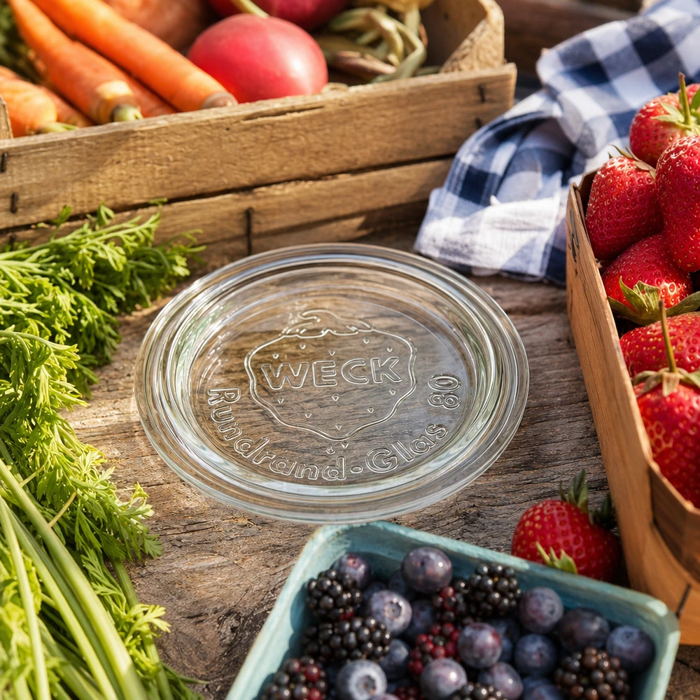 Coperchio in vetro WECK RR80 con logo in rilievo tra fragole fresche, carote e frutti di bosco su legno rustico