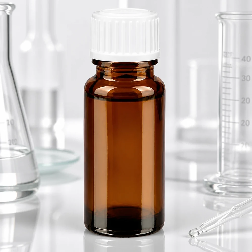 Bottiglia di vetro marrone da 10 ml con tappo di sicurezza per bambini bianco in laboratorio