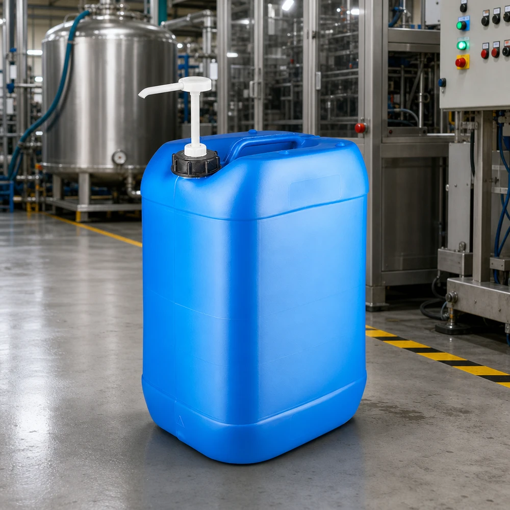 Tanica blu da 25 litri in HDPE con pompa dosatrice in un ambiente di produzione industriale