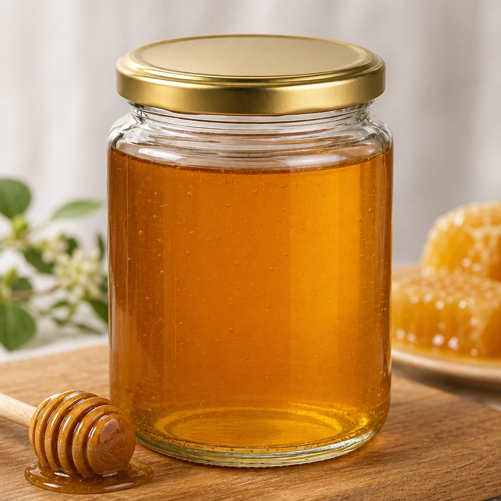 Vasetto per miele da 450 g con capsula dorata BasicSeal UNiTWIST Vasetto di miele BasicSeal da 450 g con coperchio dorato e riempito di miele liquido Cucchiaio di legno per miele Nido d'api Apicoltura Prodotto naturale