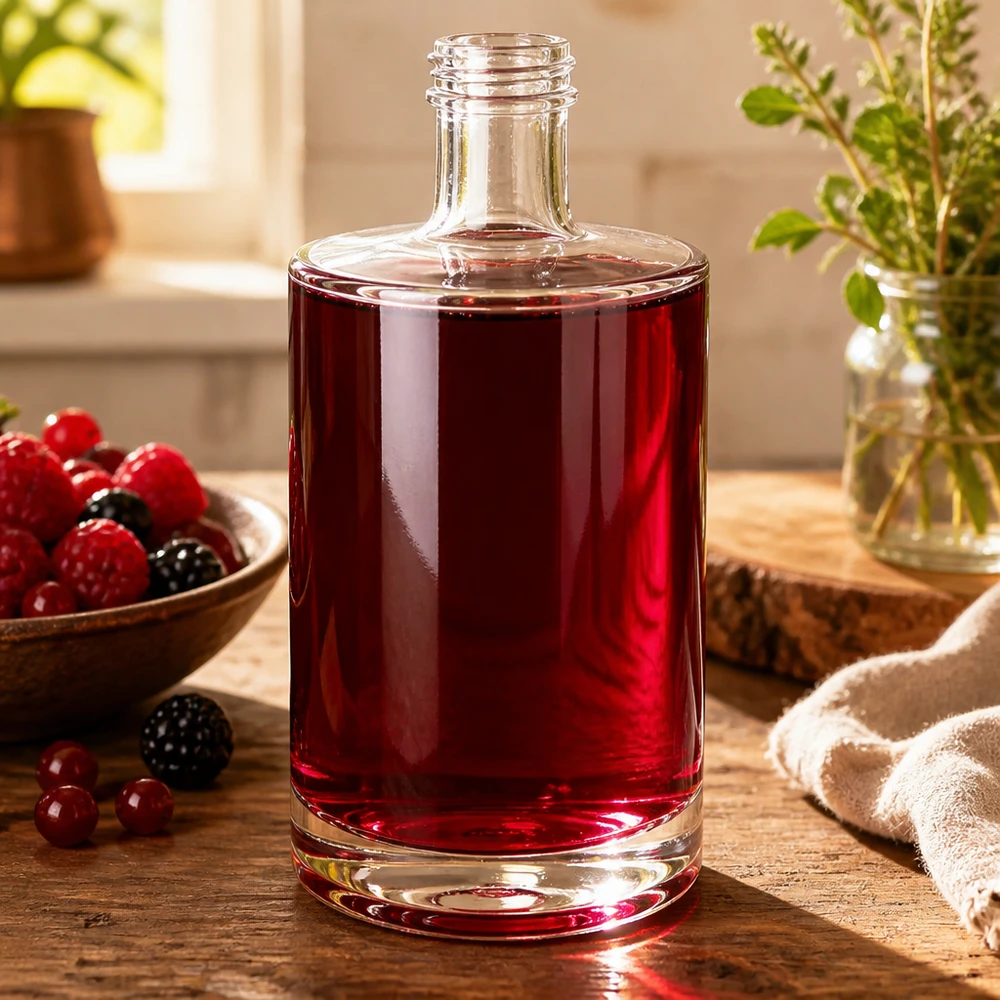 Bottiglia in vetro da 500 ml Sam senza tappo a vite UNiTWIST® Bottiglia di vetro da 500 ml Sam riempita di succo di bacche rosse decorazione tavolo in legno bacche erbe ambiente naturale