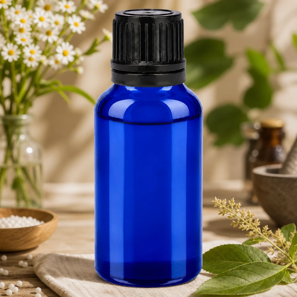 Bottiglia da 20ml 11mm SV nero OV BlueLine UT18/20 Flacone in vetro premium da 20 ml della serie BlueLine con tappo nero opaco per cosmetici naturali