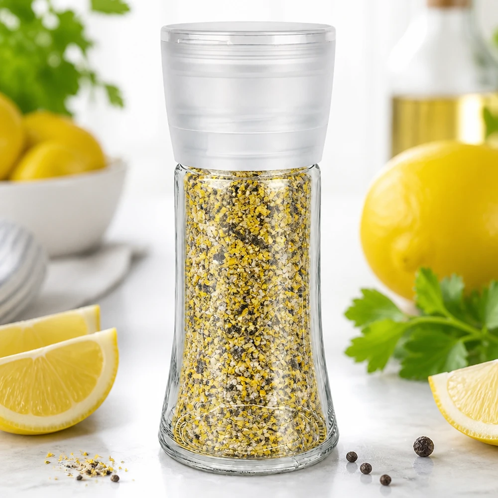 Barattolo per sale e spezie da 95 ml con macinino Vario bianco Barattolo di spezie al pepe e limone da 95 ml con macinino bianco Vario, accanto a fette di limone fresco