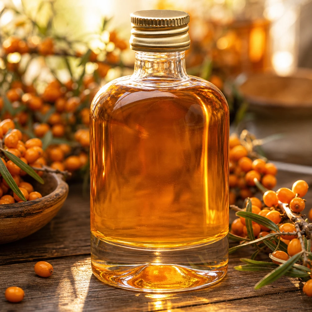 Bottiglia di vetro da 40 ml Sara riempita con olio di olivello spinoso - tappo dorato UNiTWIST tra bacche fresche di olivello spinoso