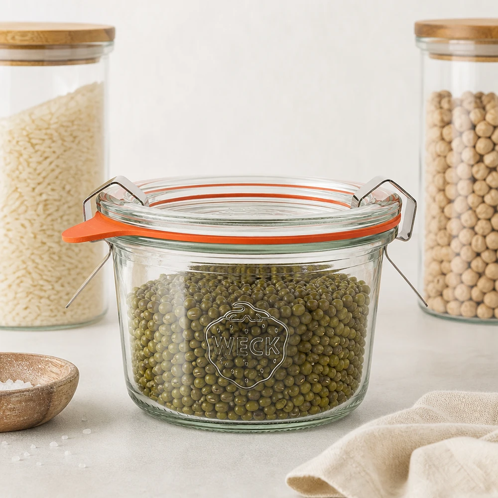 I tumbler RR60 da 80 ml di WECK con fagioli mung verdi nella moderna cucina di stoccaggio mostrano la conservazione ermetica dei legumi