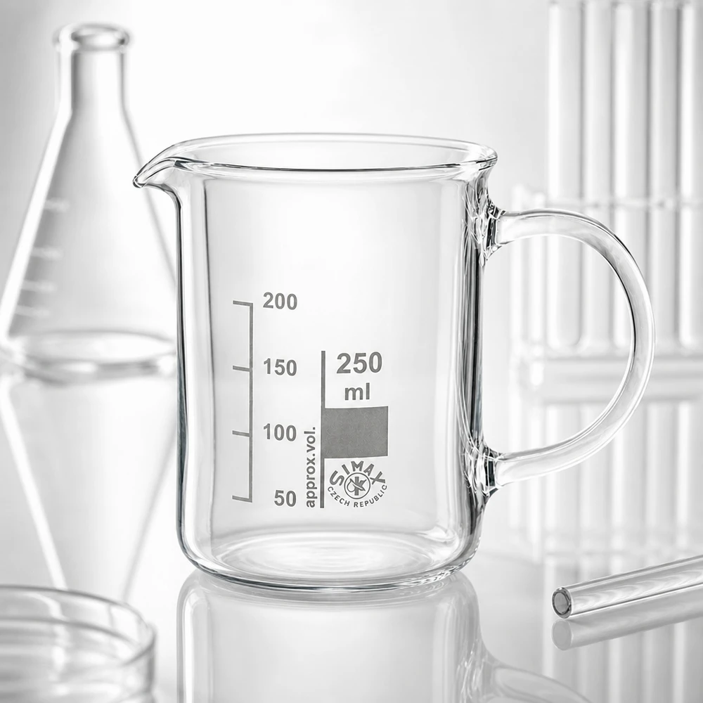 Bicchiere da laboratorio da 250 ml in vetro borosilicato con manico e scala graduata, di dimensioni intermedie tra il matraccio di Erlenmeyer e le provette