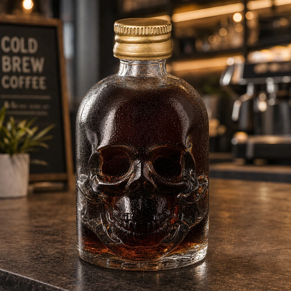 Bottiglia in vetro da 50 ml Hector con tappo a vite oro UNiTWIST® Bottiglia in vetro Hector da 50 ml con teschio in rilievo e tappo a vite dorato in un'atmosfera da caffetteria con caffè freddo.