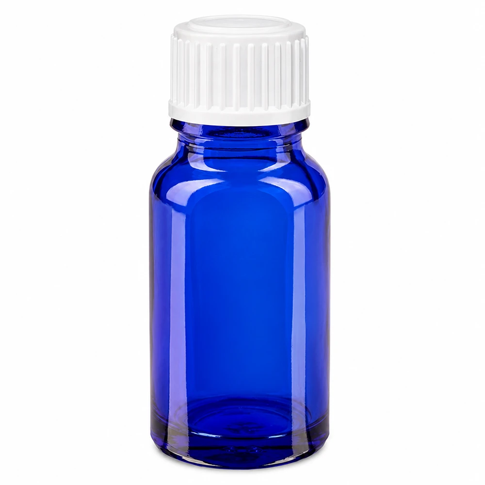 Flacone 10ml blu (Glo.) GR STD bianco/3mm ApoGlas Flacone in vetro blu da 10 ml con tappo a vite bianco per farmacie e settore farmaceutico