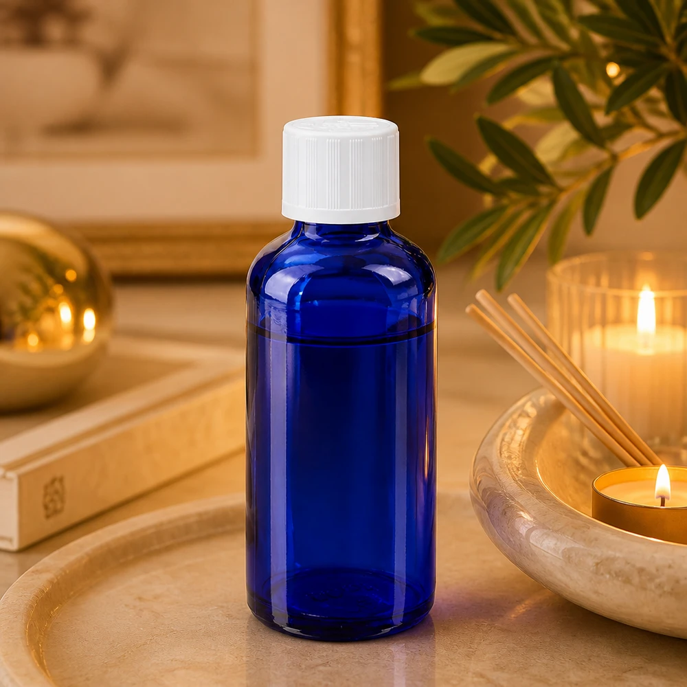 Flacone di vetro blu da 50 ml con tappo a vite bianco e chiusura di sicurezza per bambini in un ambiente benessere