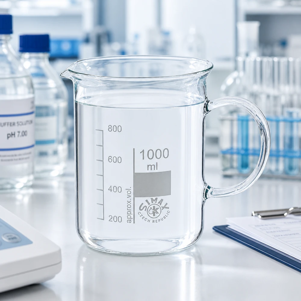Becher cilindrico da laboratorio da 1000 ml con manico su un piano di lavoro bianco, accanto a una soluzione tampone