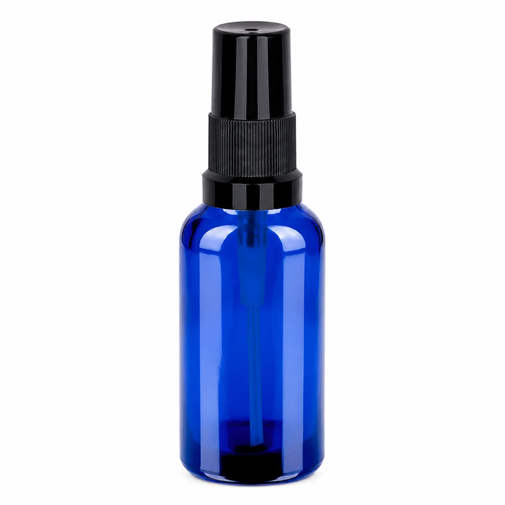 Flacone spray 30ml nero STD BlueLine UT18/30 Flacone spray in vetro di alta qualità da 30 ml in blu con robusto tappo nero
