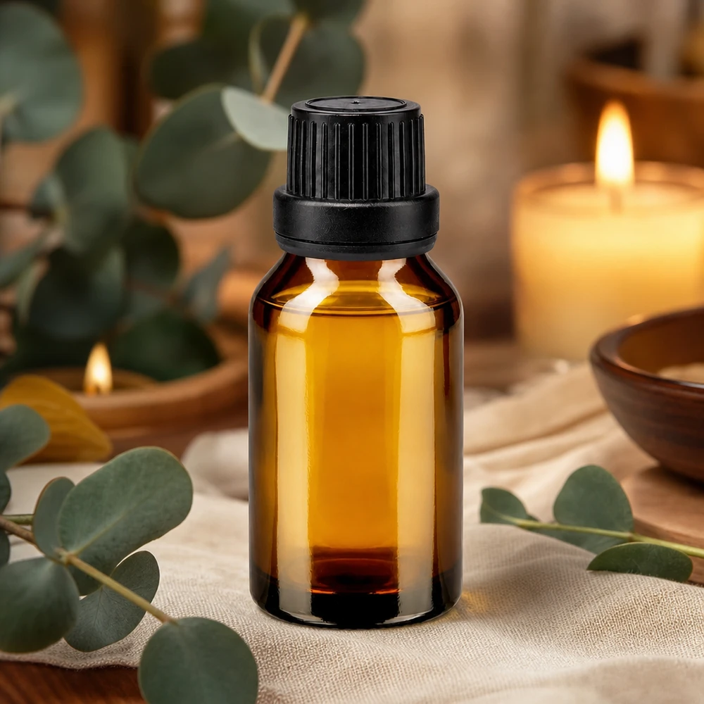 Flacone in vetro color ambra da 15 ml con tappo a vite nero per oli essenziali