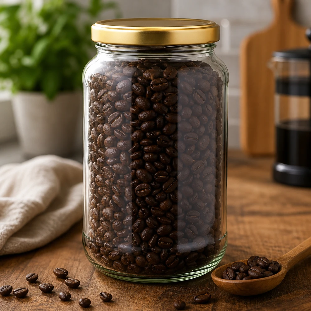 Vaso rotondo da 1700 ml con coperchio BasicSeal oro UNiTWIST Barattolo rotondo da 1700 ml con coperchio BasicSeal dorato riempito di chicchi di caffè su tavola di legno in cucina mostra il magazzino