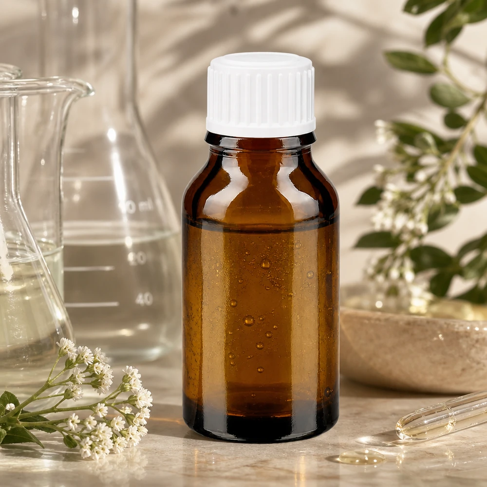 Flacone da farmacia da 30 ml color ambra con tappo bianco, circondato da piante medicinali e strumenti da laboratorio