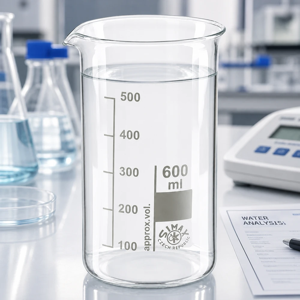Bicchiere Simax da 600 ml, forma alta, in vetro borosilicato, con acqua limpida su un tavolo da laboratorio bianco