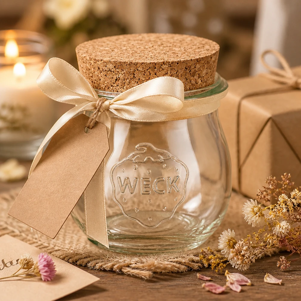 WECK barattolo tulipano 75ml decorato con fiocco e etichetta regalo come idea regalo con tappo in sughero naturale