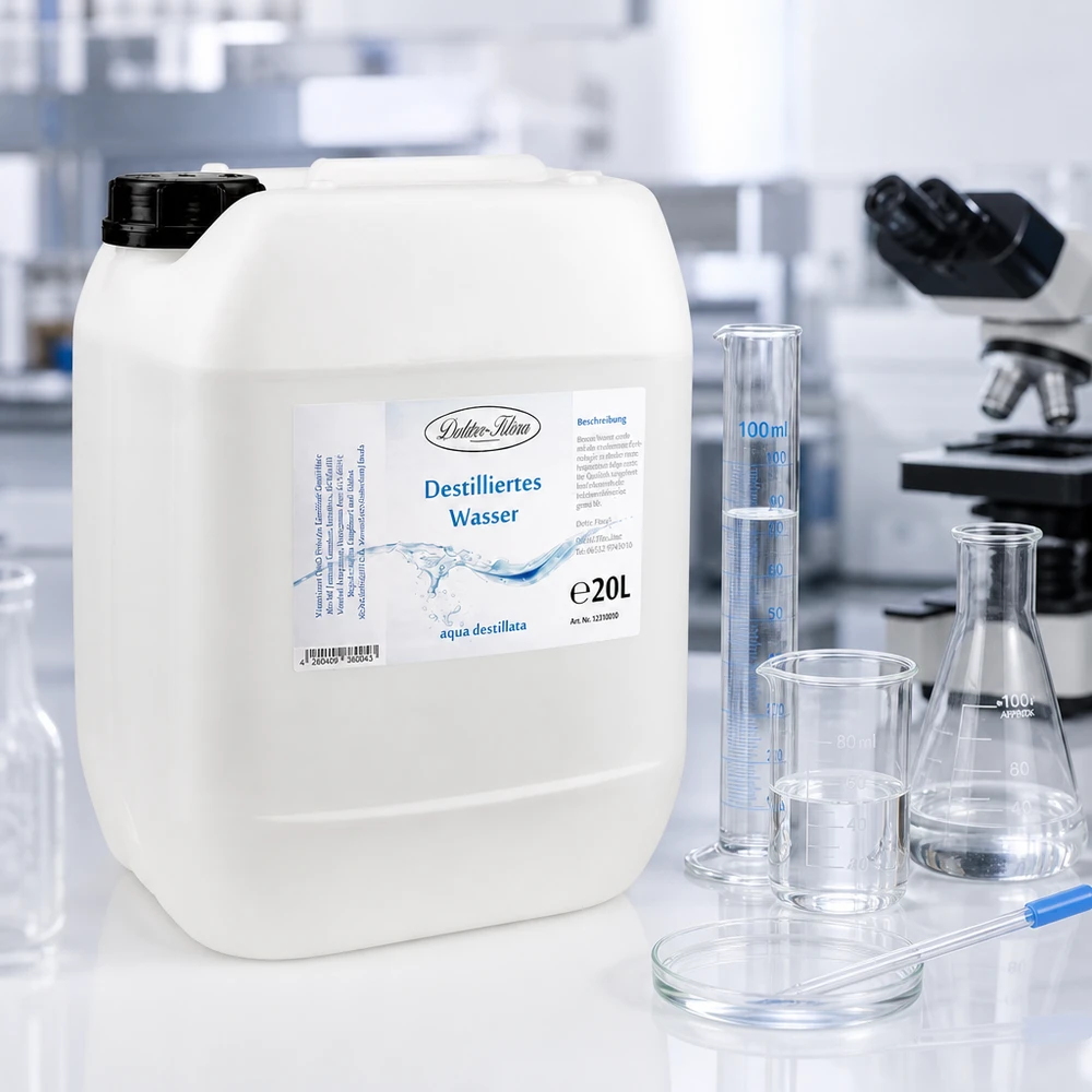 20L Acqua distillata Doktor-Klaus 20 litri di acqua distillata Il dottor Klaus in un ambiente di laboratorio trasparente, con vetreria e microscopio.