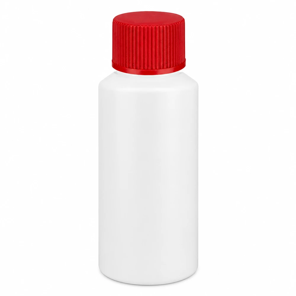 Flacone farmaceutico HDPE 30ml bianco, con SV rosso Flacone bianco per medicinali da 30 ml con tappo a vite rosso scanalato in HDPE