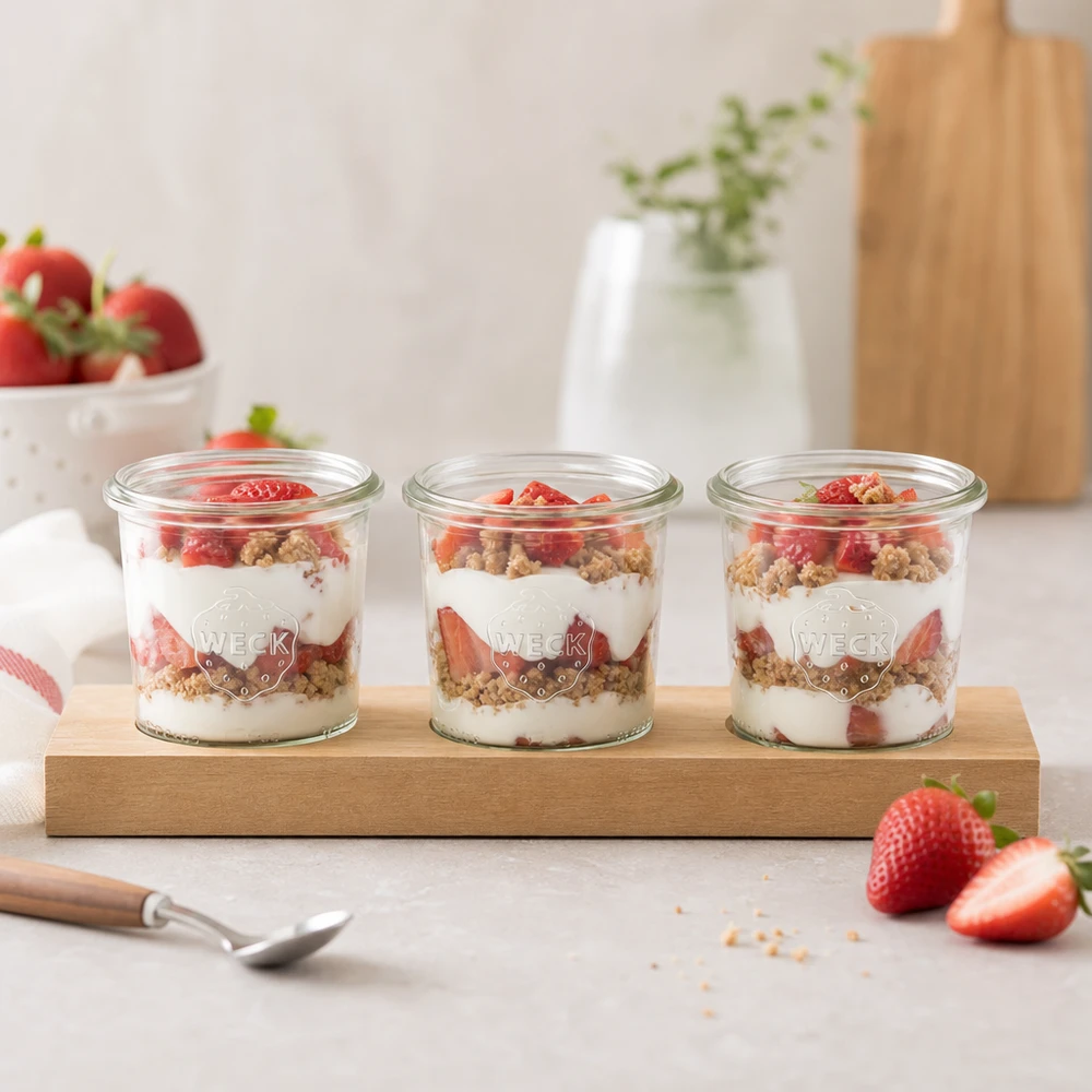 Vasetti WECK da 140 ml con dessert a strati di yogurt e fragole serviti pronti per la colazione su un tagliere di legno Plano3