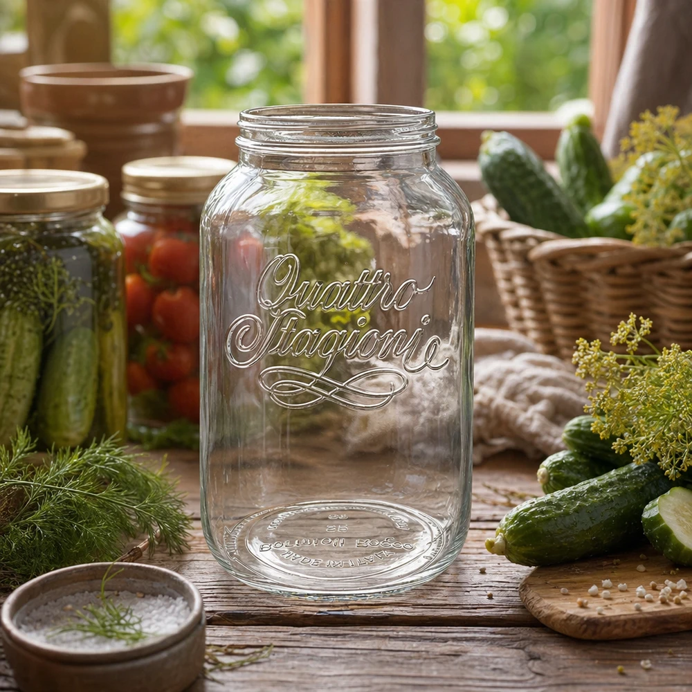 Vaso domestico "Quattro Stagioni" da 3800 ml Vaso da 3800ml Quattro Stagioni vuoto su tavolo di legno con cetrioli e aneto per la conservazione e l'inscatolamento