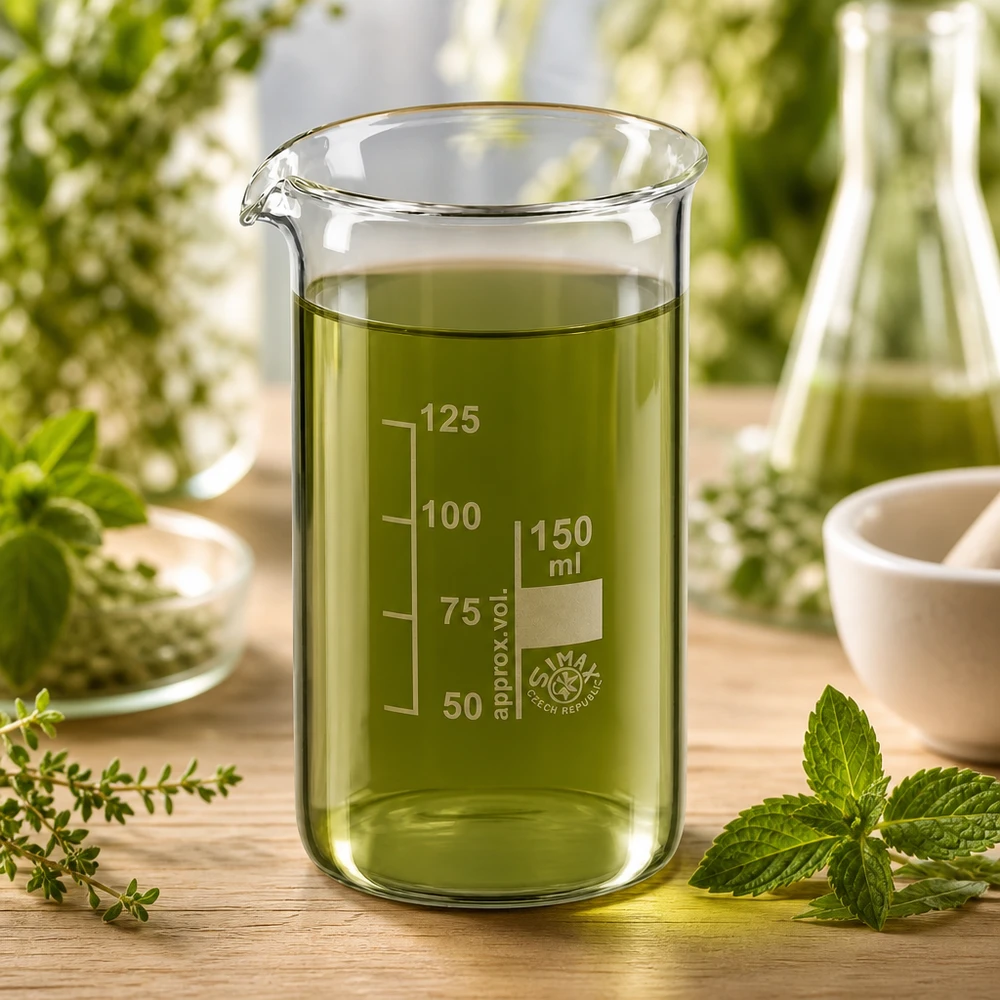 Bicchiere in vetro borosilicato da 150 ml, forma alta Bicchiere da laboratorio da 150 ml, di forma alta, contenente un liquido verde a base di erbe, circondato da erbe medicinali fresche