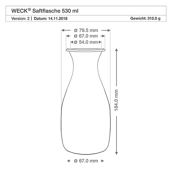 Bottiglia per succhi di frutta da 530 ml WECK RR60 con sfera in legno di faggio Disegno tecnico della bottiglia di succo WECK 530ml con dimensioni Diametro 67mm Altezza 184mm Peso 312g