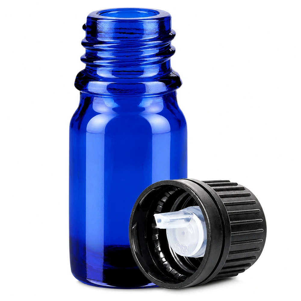 Flacone contagocce da 5 ml 1 mm nero OV BlueLine UT18/5 Flacone contagocce compatto da 5 ml in vetro blu con apertura da 1 mm per farmaci ed estratti