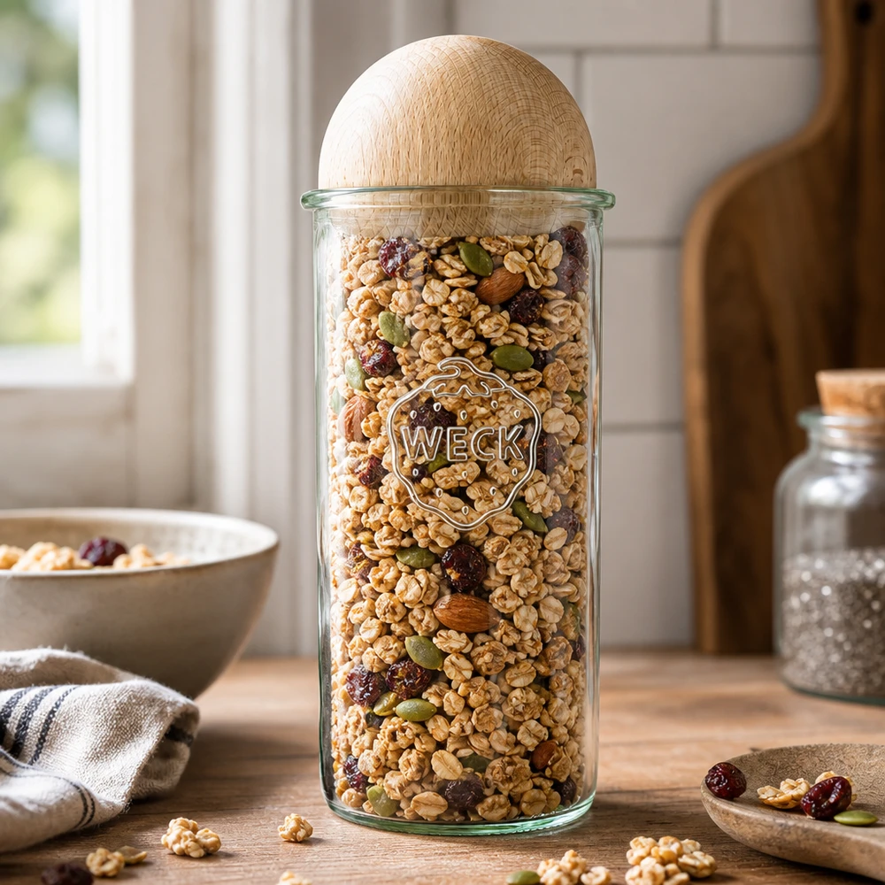 Bicchieri da 1500ml WECK RR100 con sfera in legno di faggio Barattolo WECK da 1500 ml con muesli e noci, coperchio a sfera in legno di faggio, ambiente cucina con ciotola