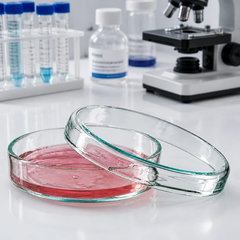 Piastra Petri 70x15mm in vetro Piastra di Petri in vetro 70x15 mm con terreno di coltura rosso e coperchio rimosso nel laboratorio di microbiologia