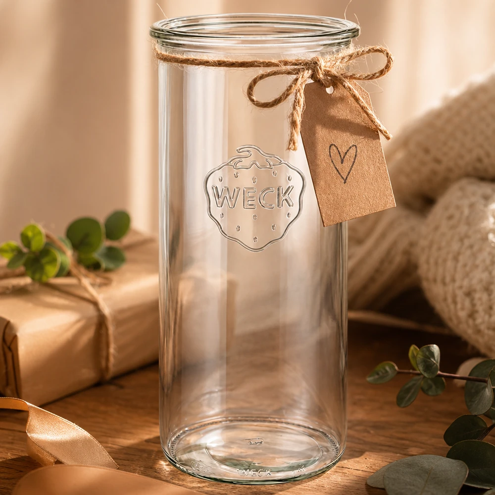 Bicchieri WECK 1500ml RR100 con ciondolo a cuore e fiocco su un tavolo di legno decorato con piante verdi