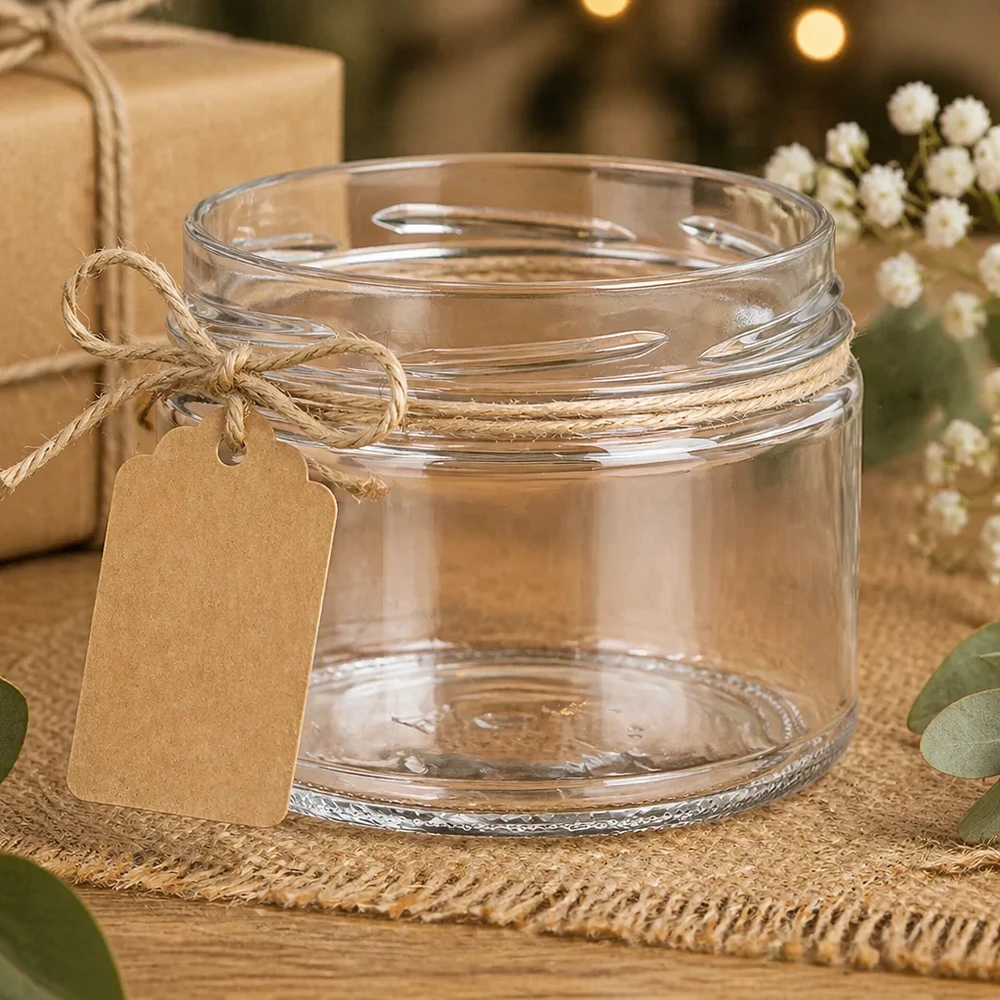 UNiTWIST Runda540 - Bicchieri capacità 540ml TO100 UNiTWIST Runda540 tumbler 540ml TO100 con nastro di rafia ed etichetta regalo decorata su uno sfondo rustico di iuta