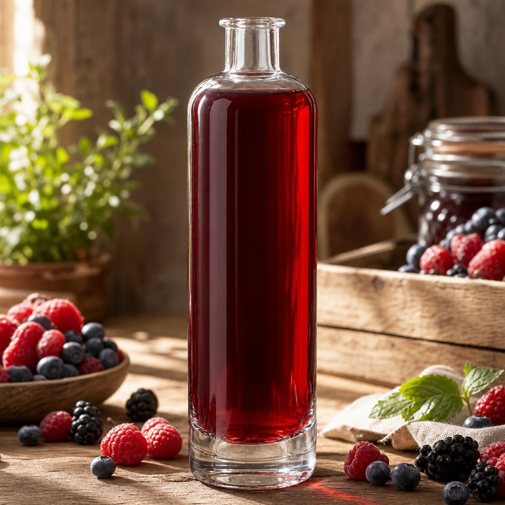 Bottiglia in vetro da 500 ml Ella senza tappo UNiTWIST® Bottiglia in vetro da 500 ml di Ella UNiTWIST riempita con succo di bacche rosse circondato da lamponi e mirtilli freschi.