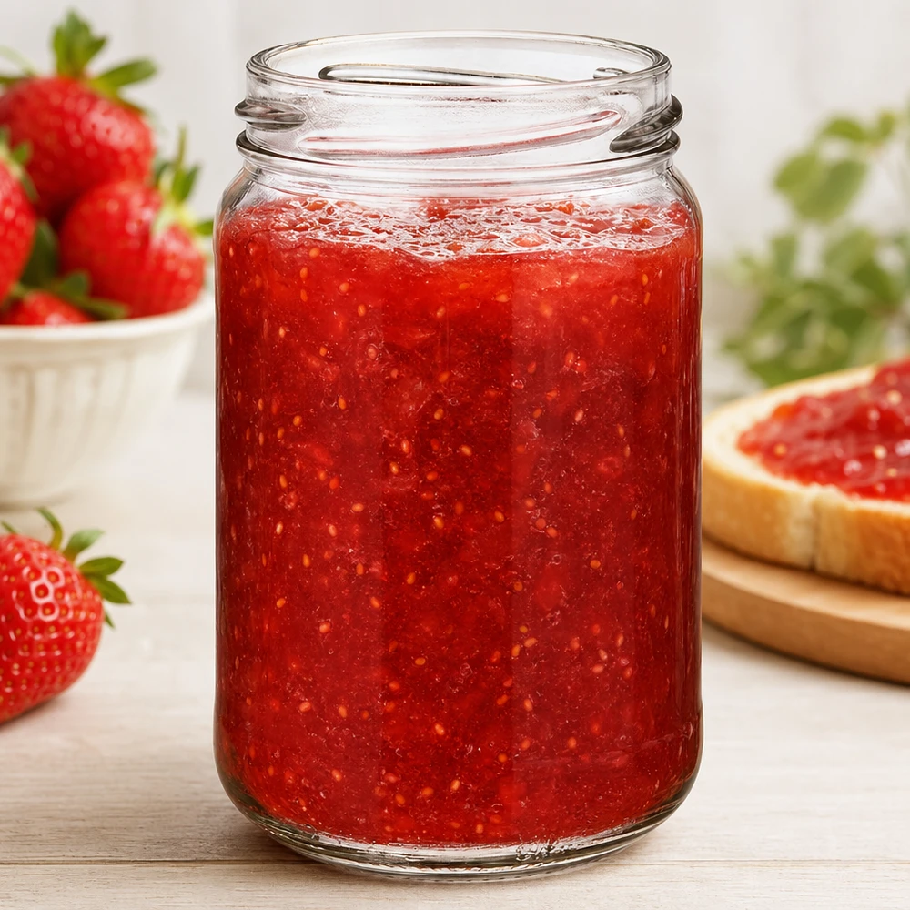 UNiTWIST Runda305 - Barattolo rotondo capacità 305ml TO63 UNiTWIST Runda305 vaso rotondo da 305ml TO63 riempito di marmellata di fragole rosse, vaso per marmellate e creme spalmabili