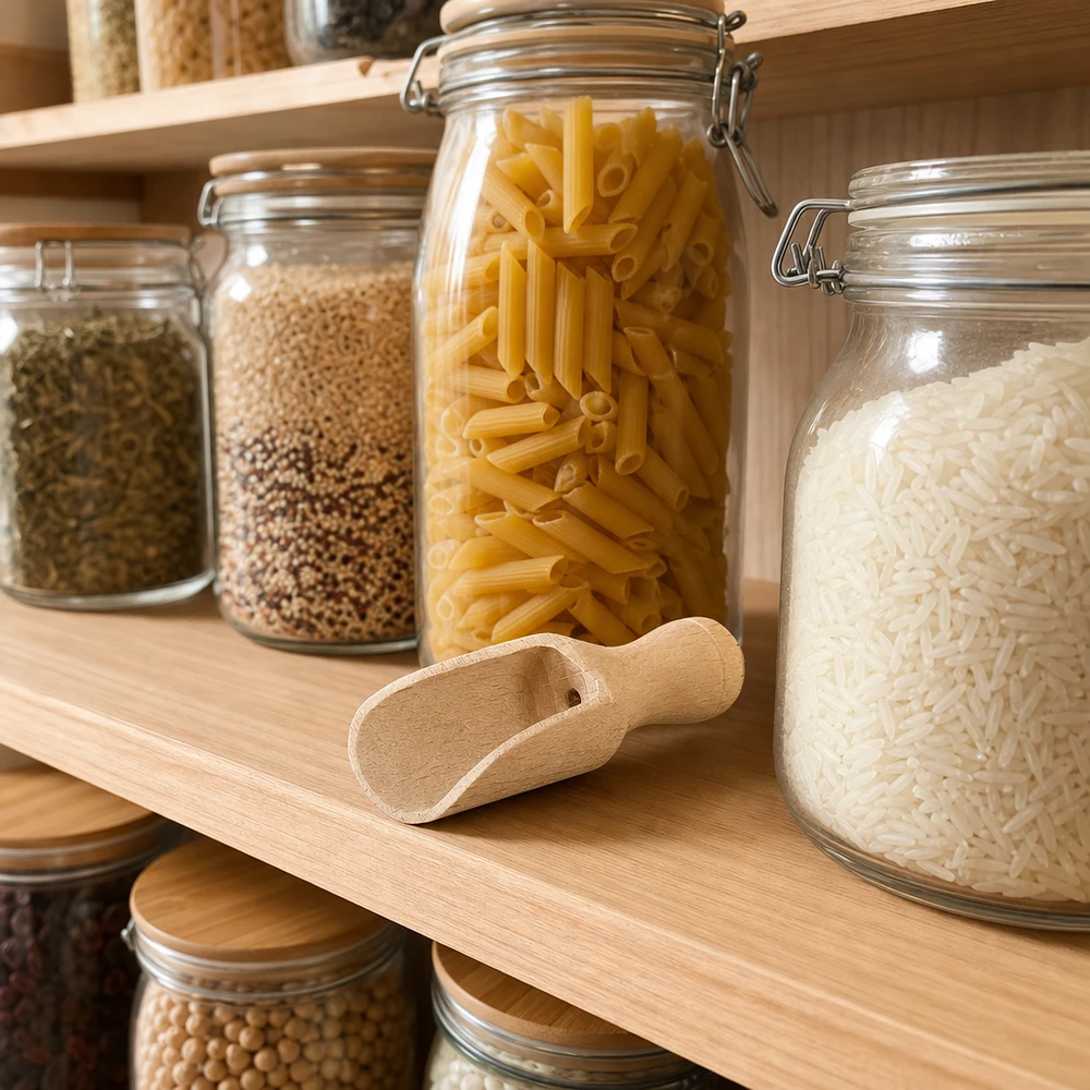 La paletta di legno XS sul ripiano tra i barattoli di pasta di riso e cereali mostra il rapporto tra le dimensioni della dispensa.