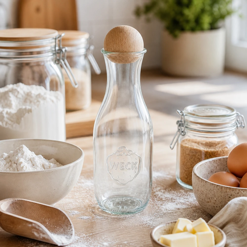 Bottiglia di succo WECK 1062ml RR60 con sfera di legno in cucina tra farina, uova, burro e barattoli di conserva su tavola di legno