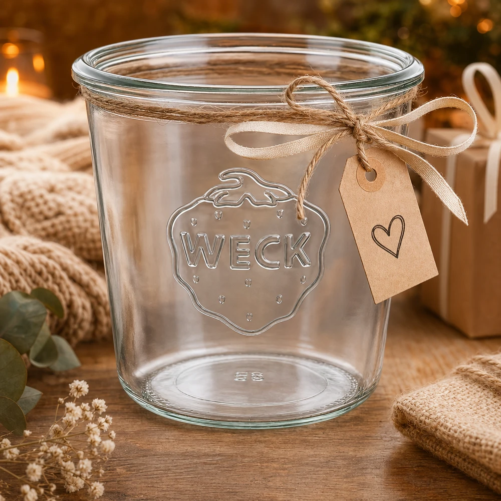 Bicchieri in vetro WECK 580ml RR100 con rilievo e nastro decorativo per regali su un tavolo di legno