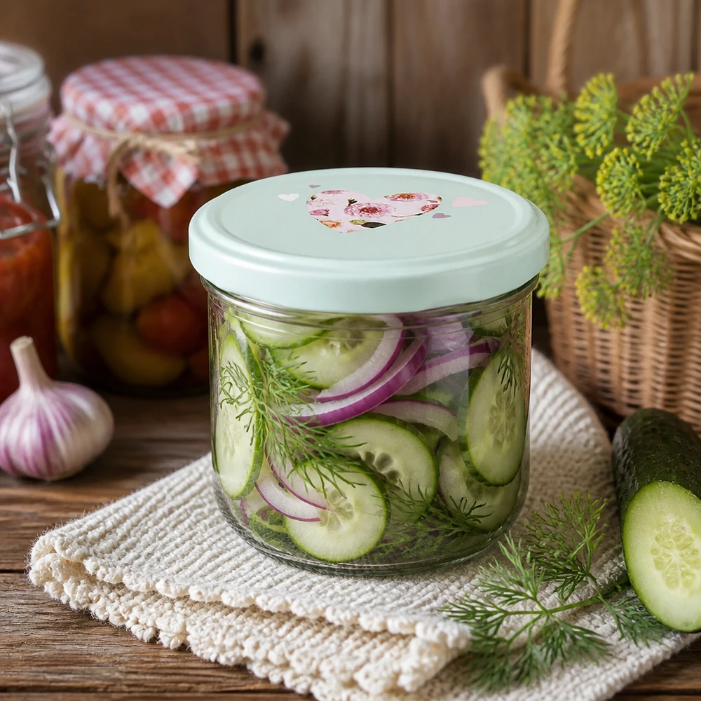 260ml tumbler + BasicSeal coperchio cuore menta UNiTWIST Barattoli per conserve da 260 ml con coperchio BasicSeal per cetrioli, aneto e cipolle in salamoia, disposti in stile rustico.
