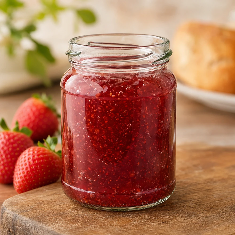 UNiTWIST Runda205 - Barattolo rotondo capacità 205ml TO58 UNiTWIST Runda205 bicchiere rotondo 205ml TO58 riempito di marmellata di fragole rosse accanto a fragole fresche su una tavola di legno