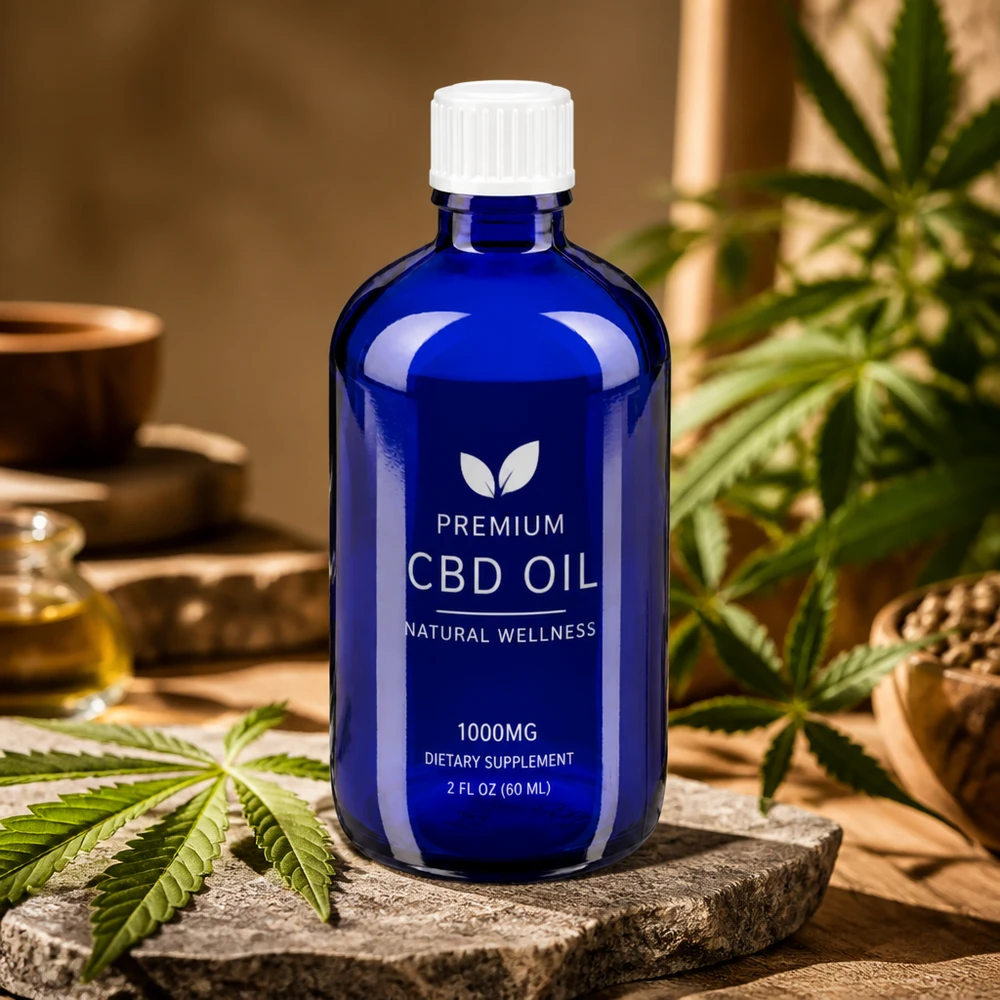 Bottiglia 100ml blu (Glo.) GR STD bianco/3mm ApoGlas Flacone medico in vetro blu da 100 ml con tappo bianco a prova di bambino per prodotti a base di olio di CBD