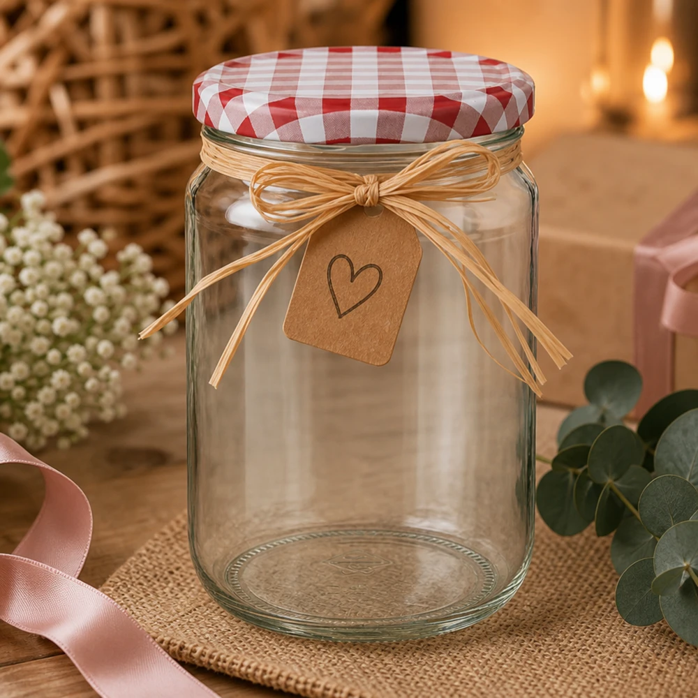 Barattolo rotondo da 795 ml con coperchio BasicSeal rosso/bianco UN.. Barattolo rotondo da 795 ml con coperchio a scacchi rossi e bianchi e ciondolo a cuore come confezione regalo con decorazione romantica
