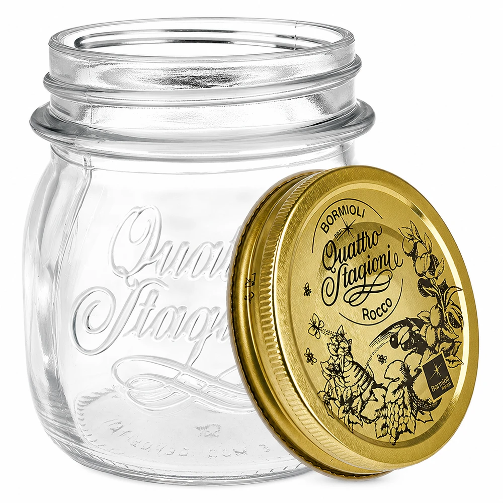 Barattolo rotondo da 250 ml Quattro Stagioni con coperchio dorato barattolo per conserve barattolo per stoccaggio design italiano