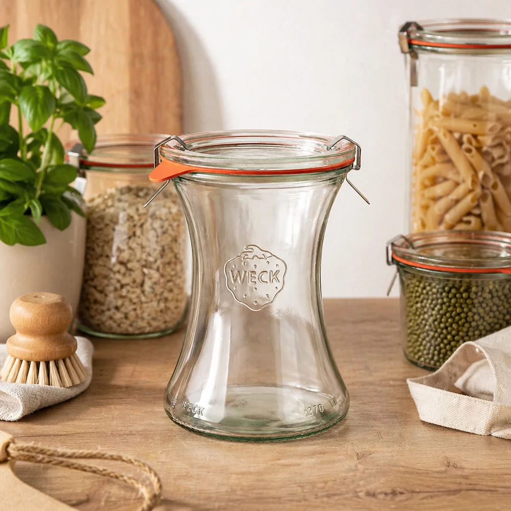 WECK vaso da salumeria 370ml RR80 in cucina stoccaggio tra vasi da conserva riempiti con pasta lenticchie basilico pianta