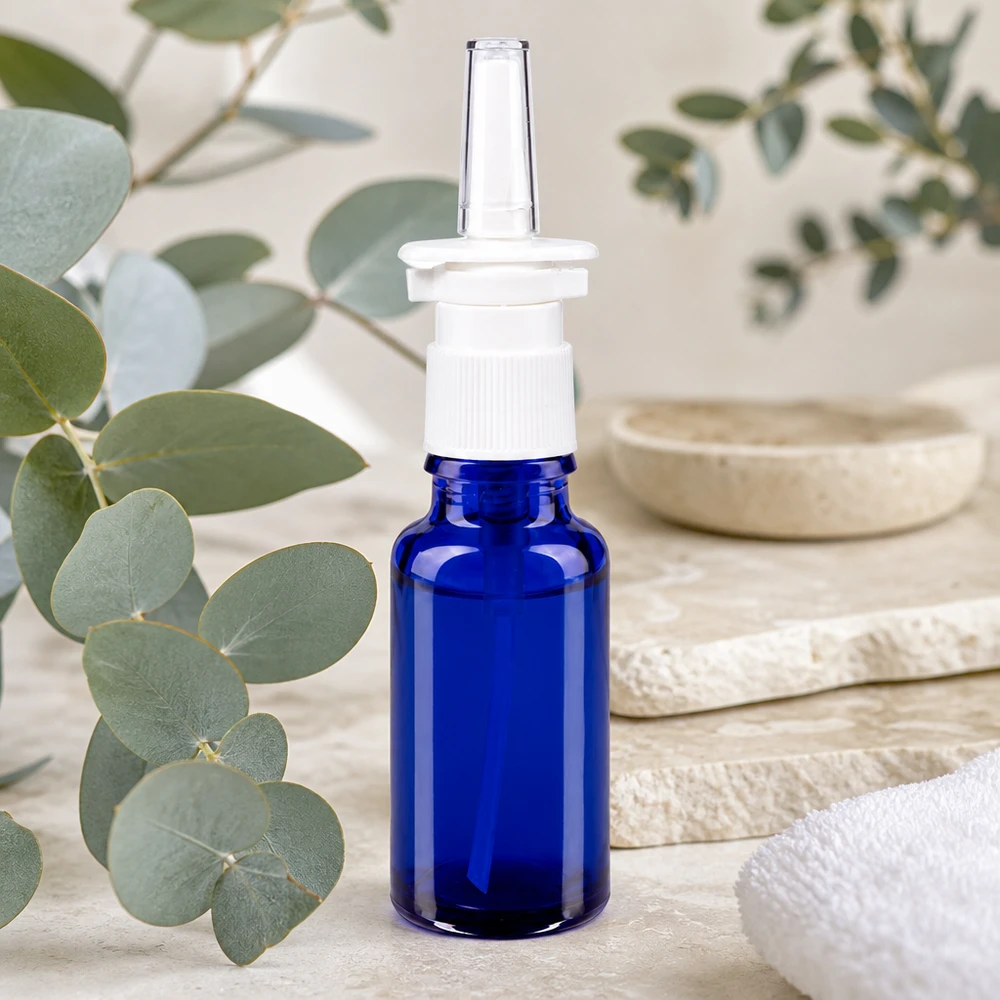 Flacone spray nasale 20ml blu bianco/tr. STD ApoGlas Flacone blu da 20 ml per spray nasale in vetro da farmacia con erogatore a pompa bianco, davanti a rami di eucalipto