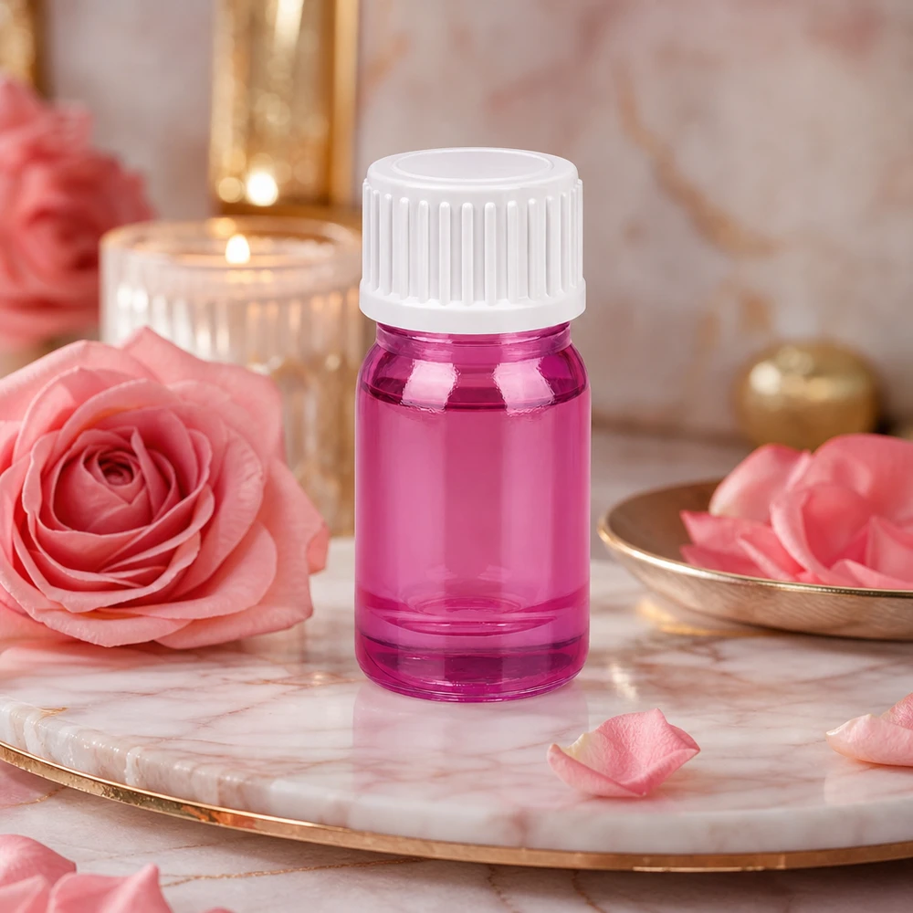 Flacone da 5 ml (globuli) con anello di versamento bianco standard PurpleLine UT18/5 Flacone in vetro premium da 5 ml in rosa-viola con tappo a vite a prova di bambino per sieri